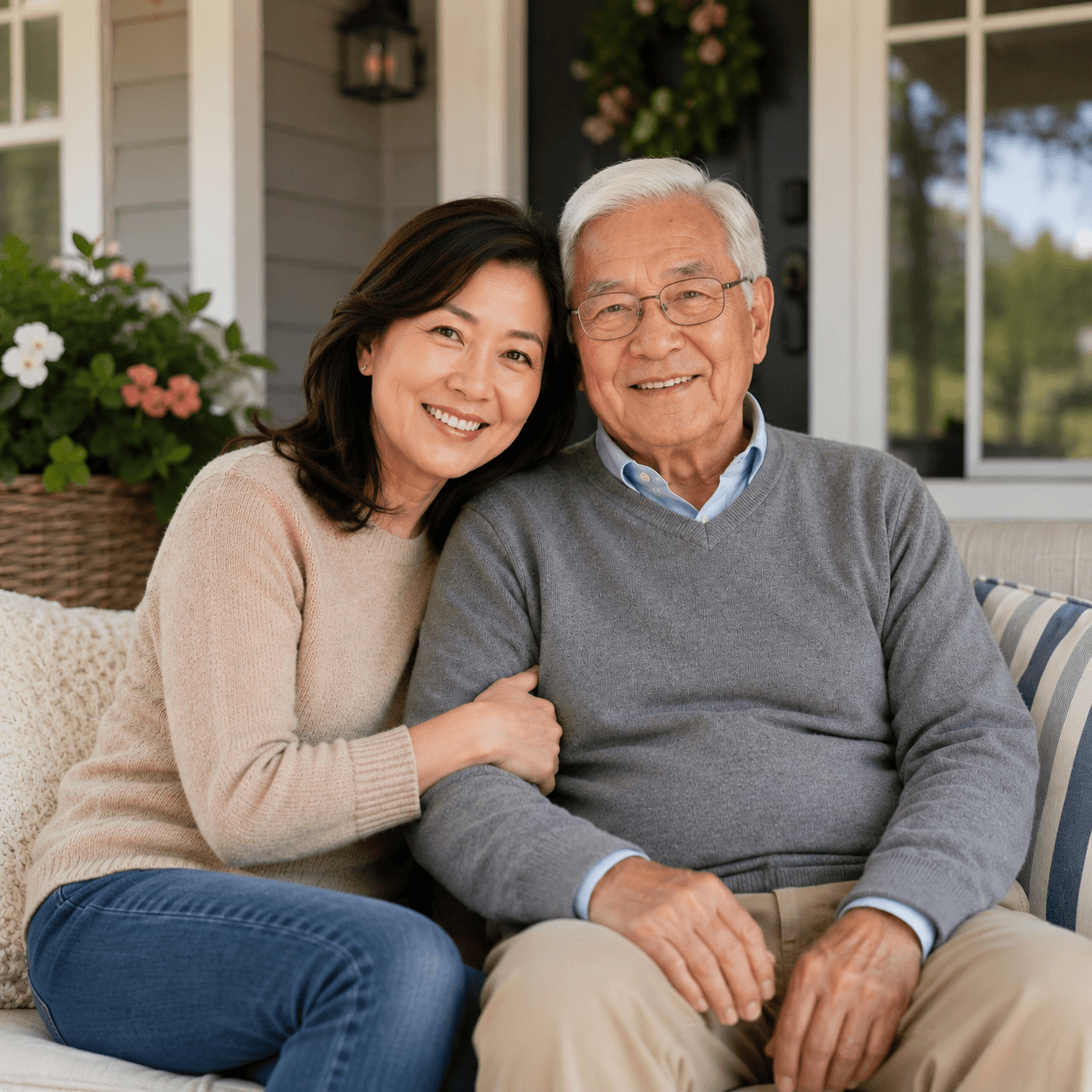 A smiling adult daughter sits close to her father on a front-porch sofa outside their home, both looking relaxed and content.